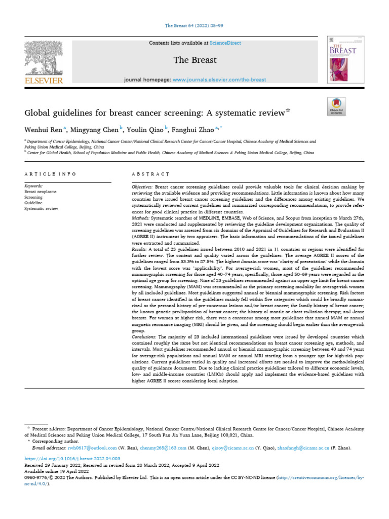 Global Breast Cancer Screening Guidelines | PDF | Mammography | Self ...