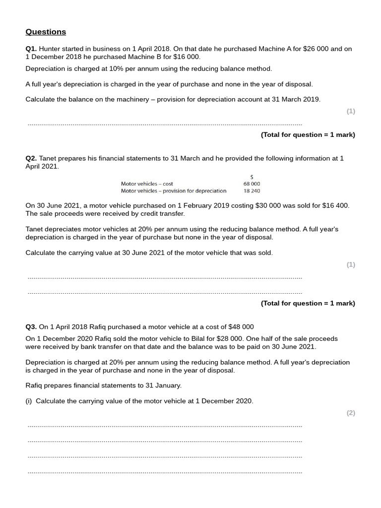 Depreciation all exam questions pdf