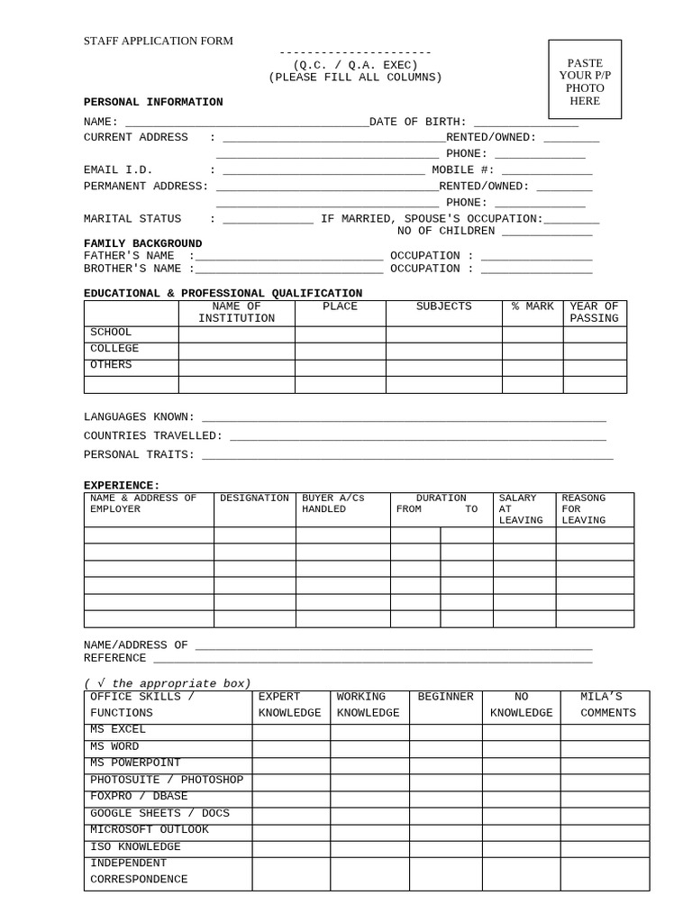 Staff Application Form for Q.C./Q.A. Roles | PDF | Cookware And ...