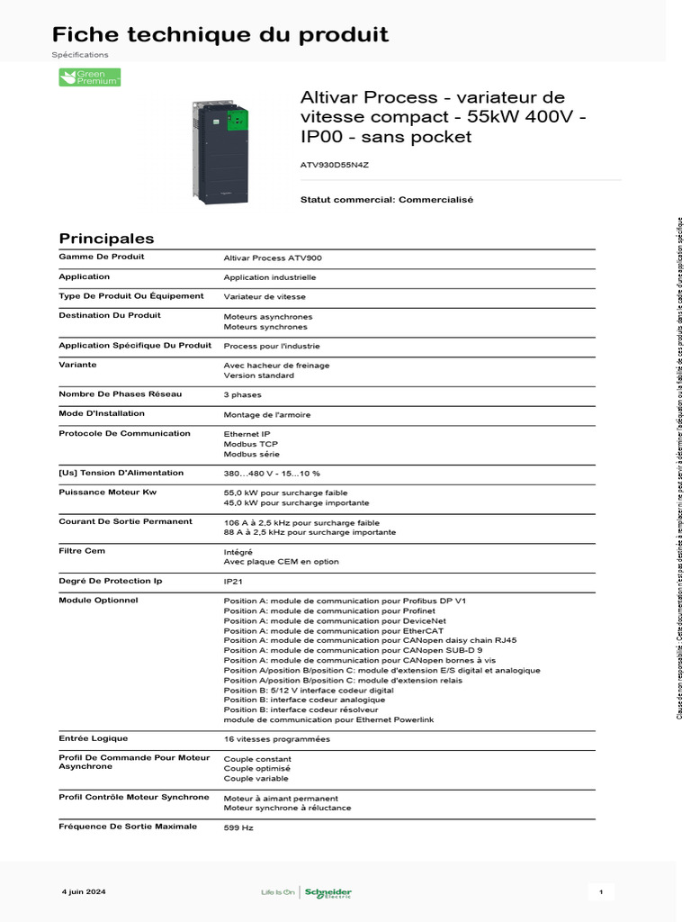 Schneider Electric - Altivar-Process-ATV900 - ATV930D55N4Z | PDF