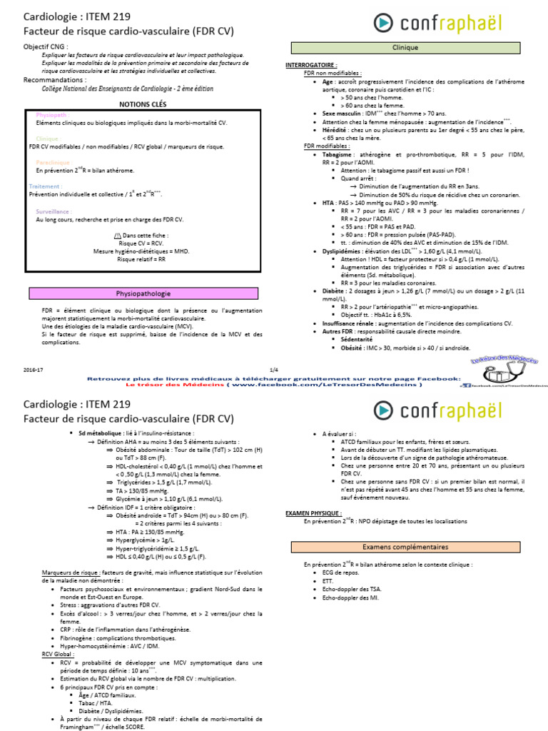 Facteur de Risque Cardio-Vasculaire (FDR CV) - LeTresorDesMedecins | PDF