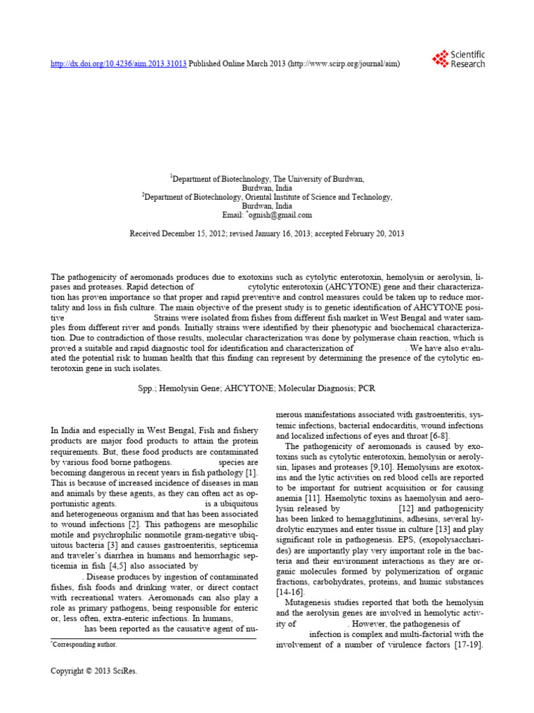 Detection of 232bp Virulent Gene of Pathogenic Aeromonas Hydrophila ...