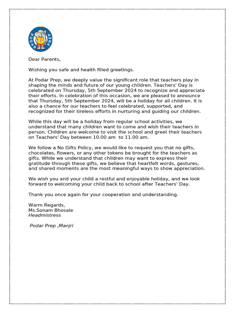 Teachers day circular for parents pdf