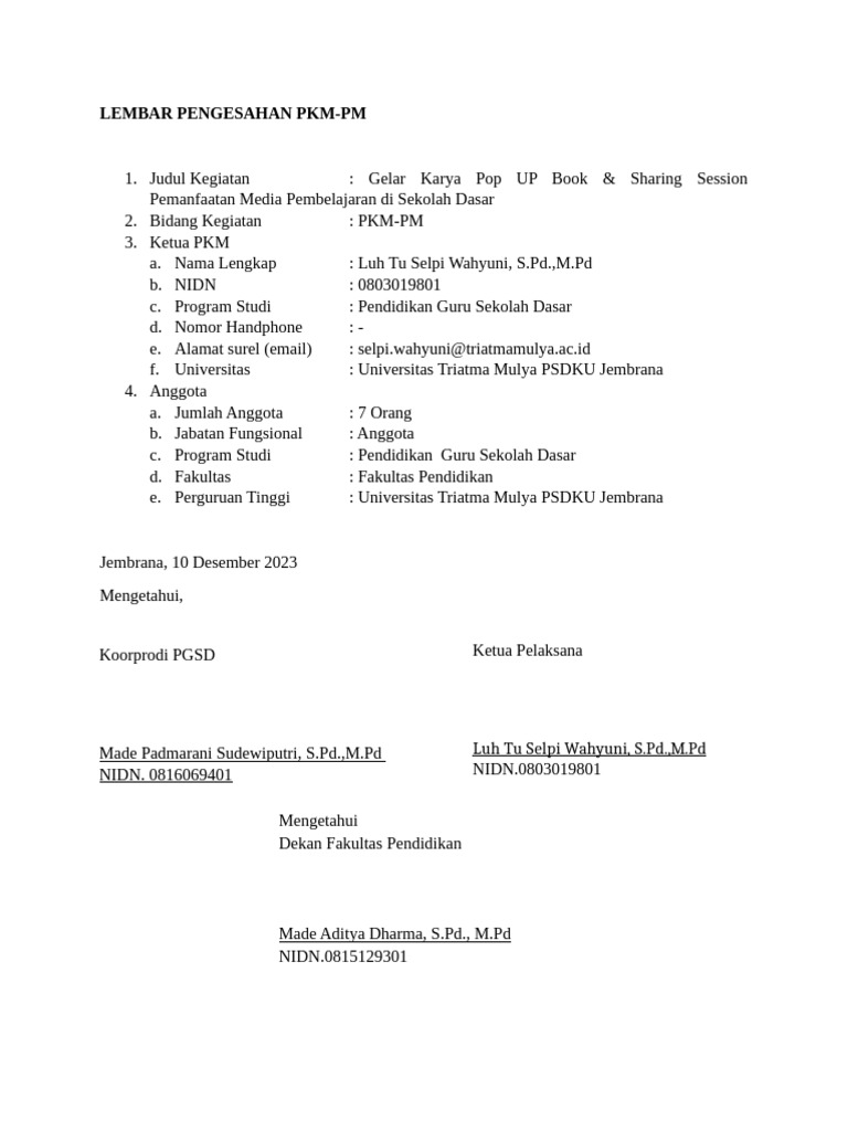 Lembar Pengesahan PKM - 2023 | PDF