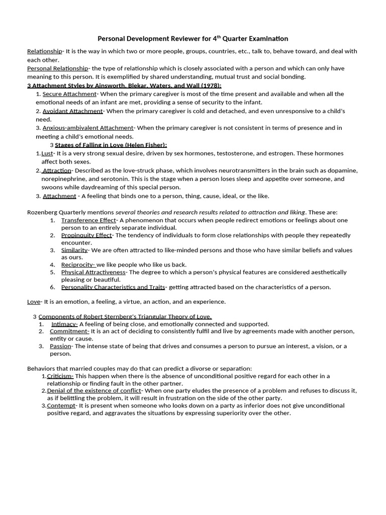 Personal Development Exam Guide | PDF | Attachment Theory | Psychology