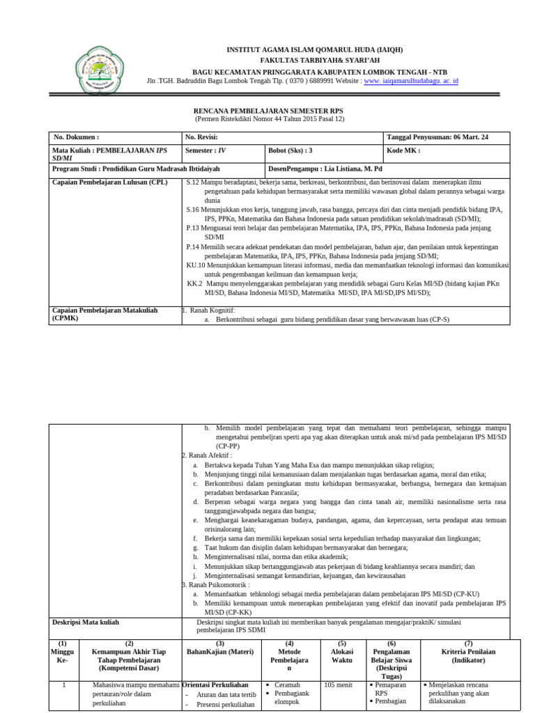 RPS Pembelajaran IPS SDMI Fix | PDF