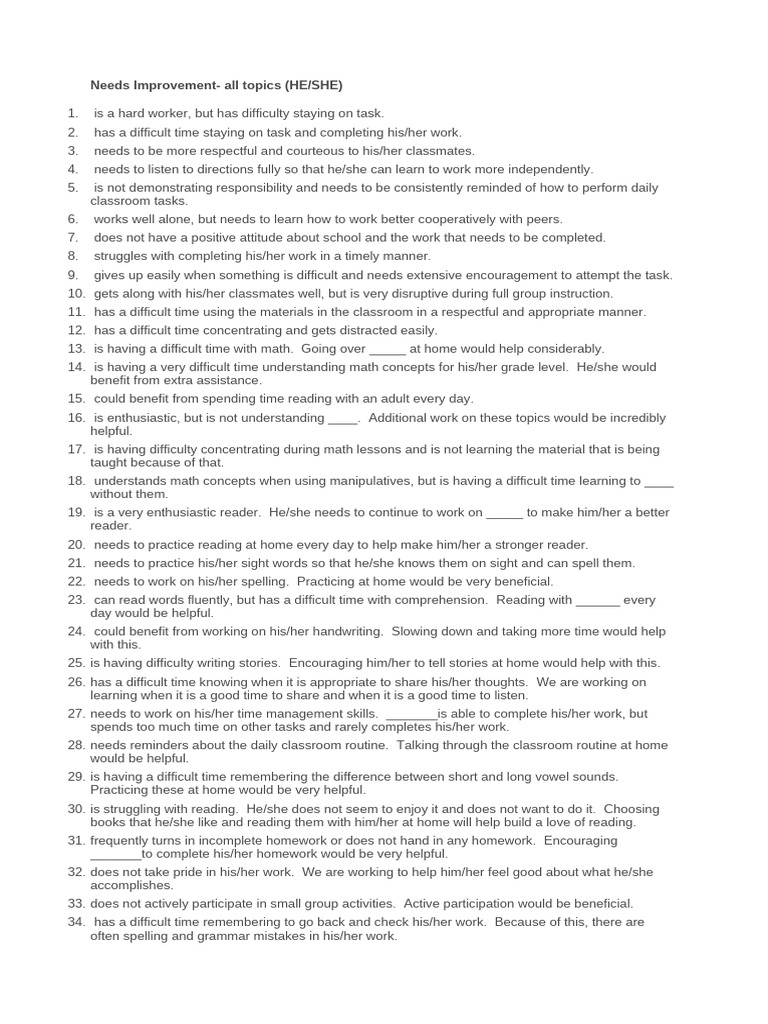 Negative comments for report cards pdf
