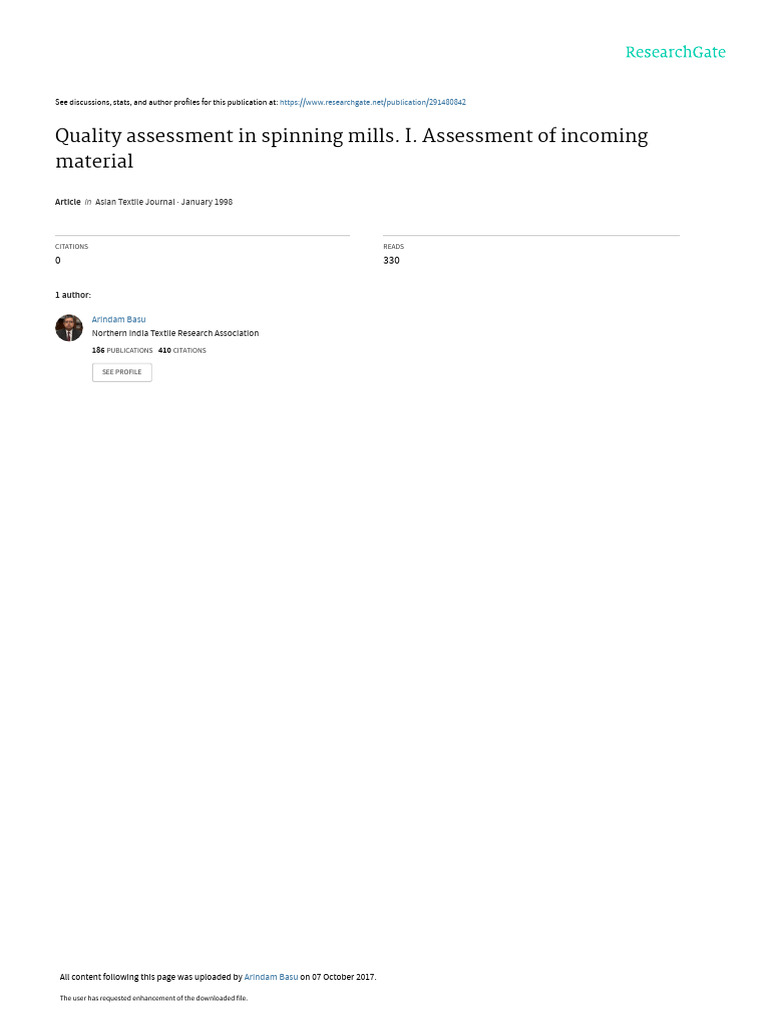 Quality assessment in spinning mills i assessment of incoming