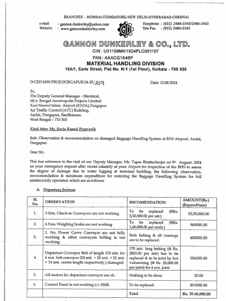 Inspection Report & Estimation of BHS System | PDF
