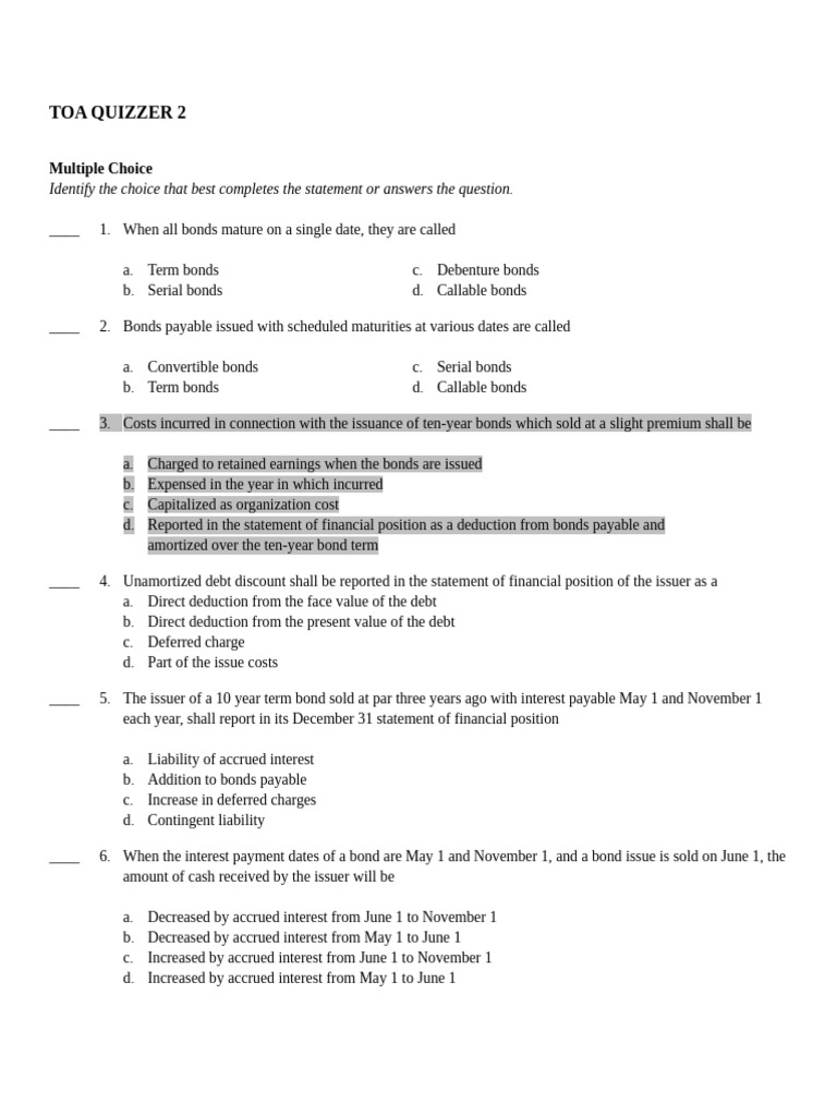 TOA QUIZZER 2 - Bonds Payable and SHE | PDF