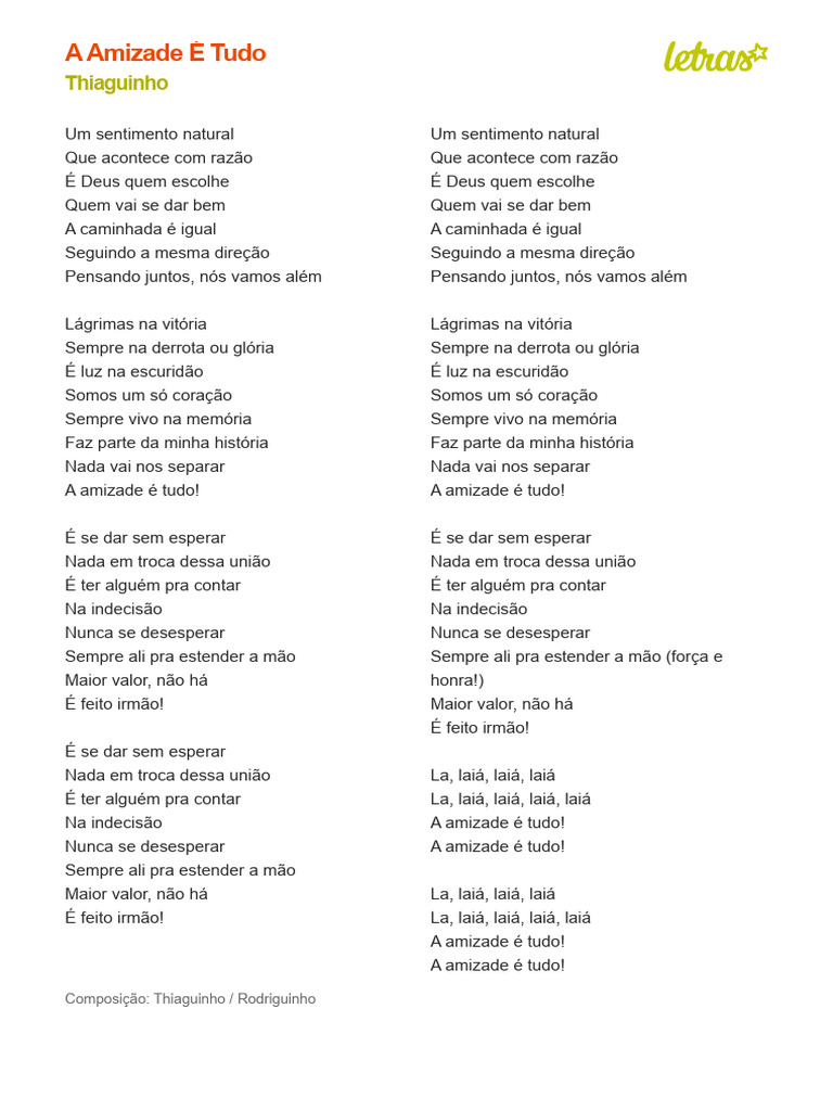 A Amizade é Tudo Thiaguinho Impressão Pdf