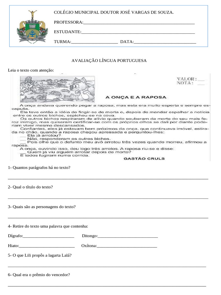 Avaliação Língua Portuguesa 4 Ano | PDF