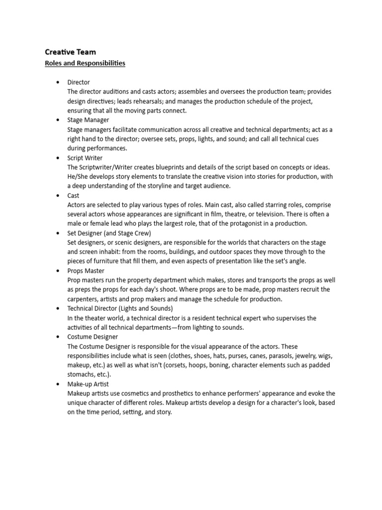 Creative and Production Roles and Responsibilities | PDF