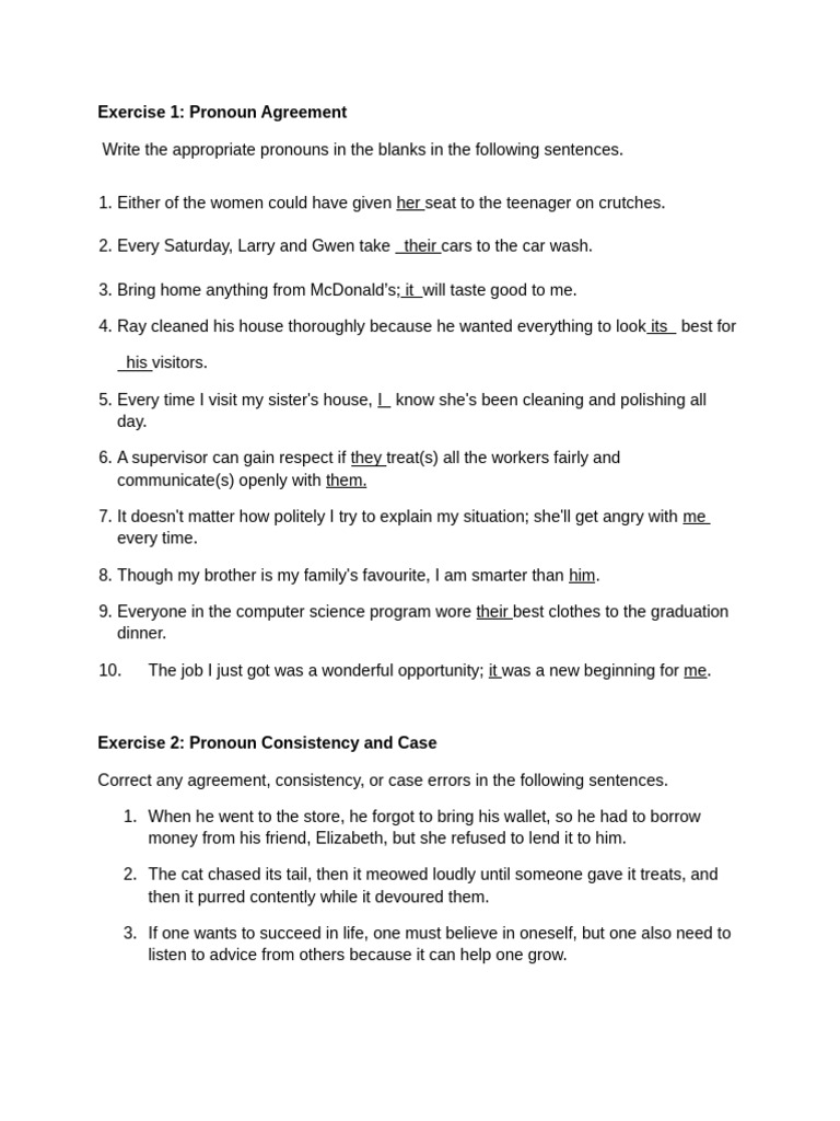 Week 10 - Pronoun Homework 2024 | PDF
