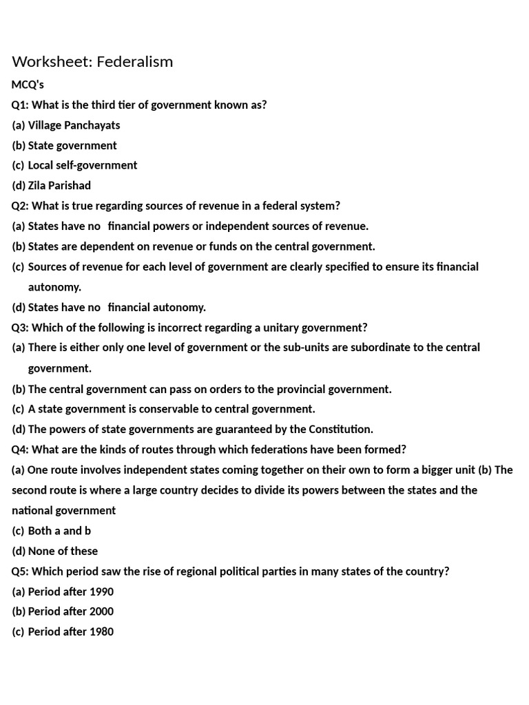 Federalism Class 10 Worksheet Civics Chapter 1 PDF