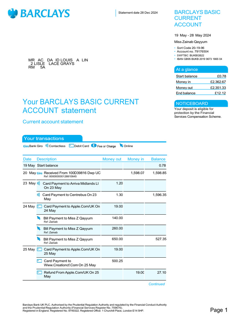 Barclays Bank Statement 3 | PDF