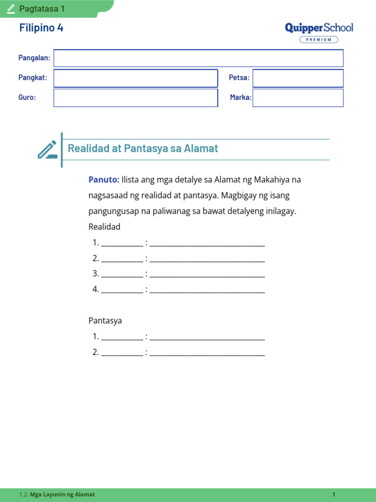 Realidad at Pantasya Sa Alamat: Filipino 4 | PDF