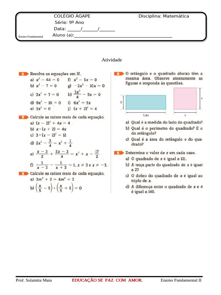 Lista de Atividade - 9º Ano - Mat - 2 - II Ciclo - Equação Do 2º Grau ...