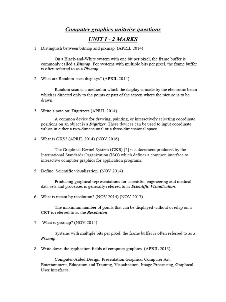 Computer Graphics Unit Questions Guide | PDF | 2 D Computer Graphics ...