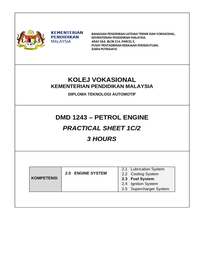 Practical Sheet 1c Fuel System Pdf