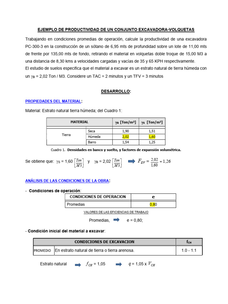 R12a. EJEMPLO PRODUCTIVIDAD CONJUNTO EXCAVADORA-VOLQUETAS | PDF