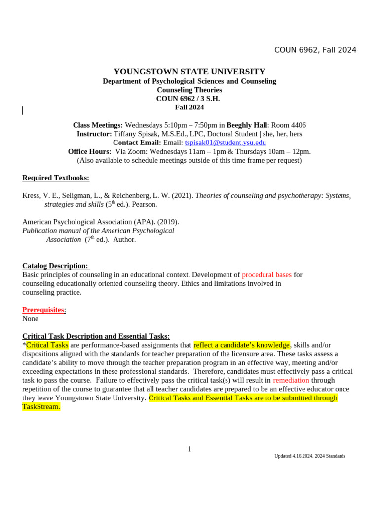 COUN 6962 Counseling Theory Syllabus Fall 2024 | PDF