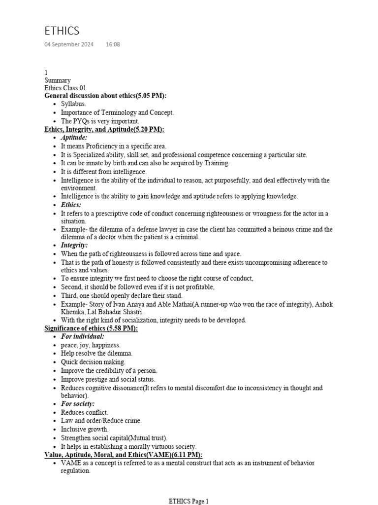 Smriti Shah's Ethics Class Notes | PDF | Attitude (Psychology) | Self ...