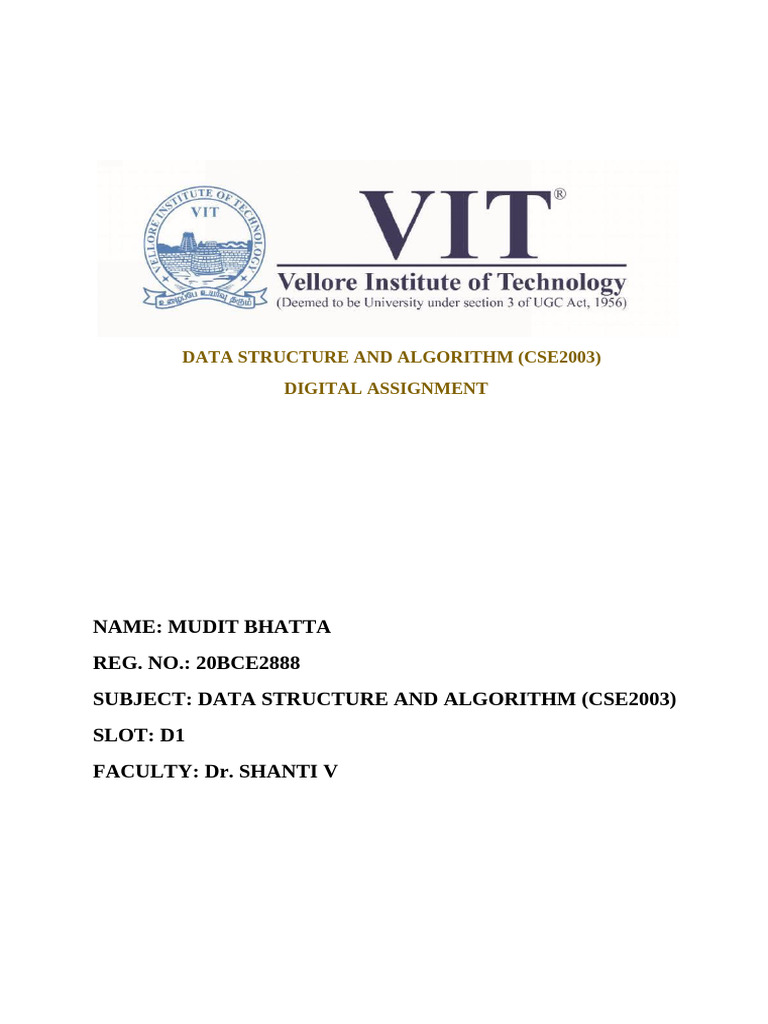 Data Structure and Algorithm (Cse2003) Digital Assignment | PDF