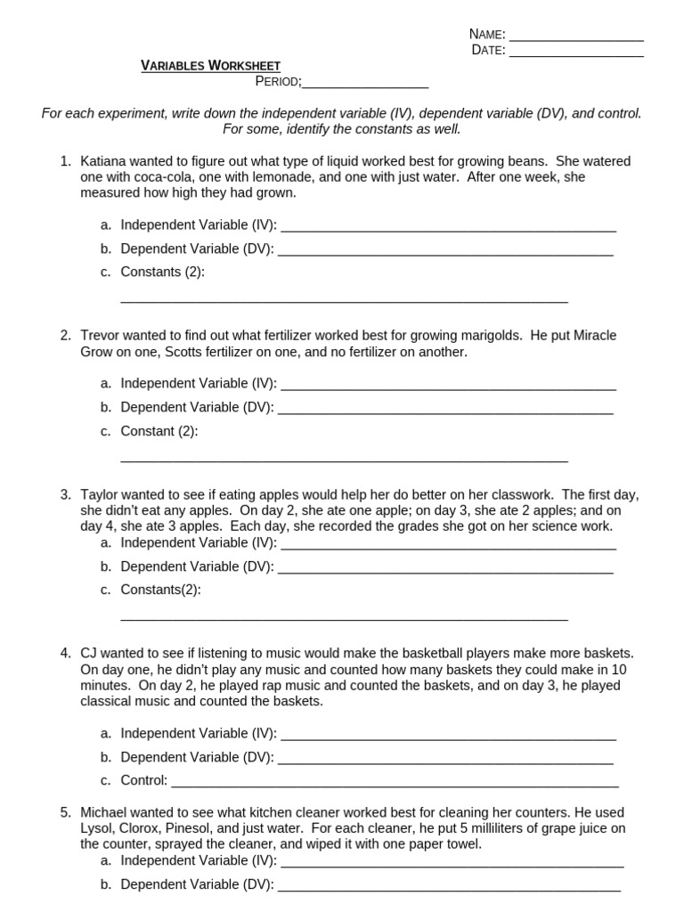 Variables Worksheet | PDF