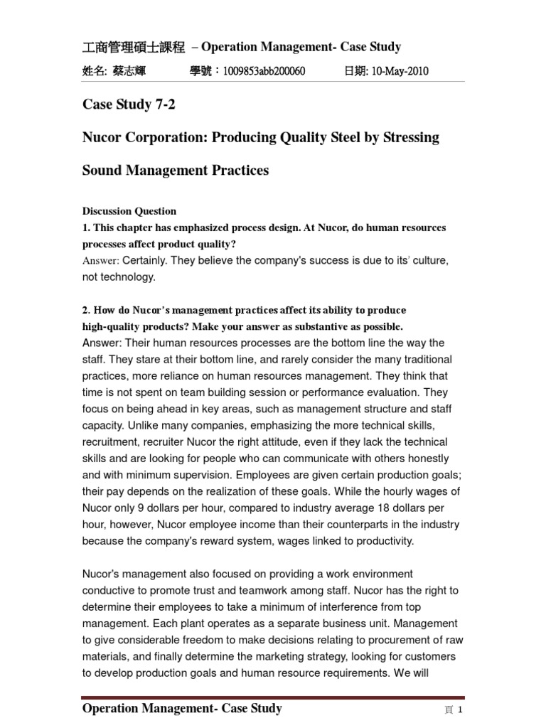 Nucor Corporation Operations Case Study | PDF | Employment | Operations ...