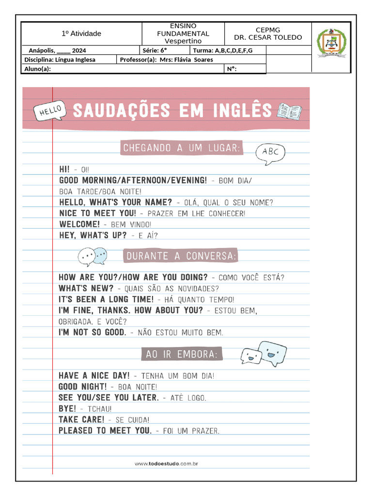 Atividade de Língua Inglesa - 6º Ano | PDF | Carreira e Crescimento