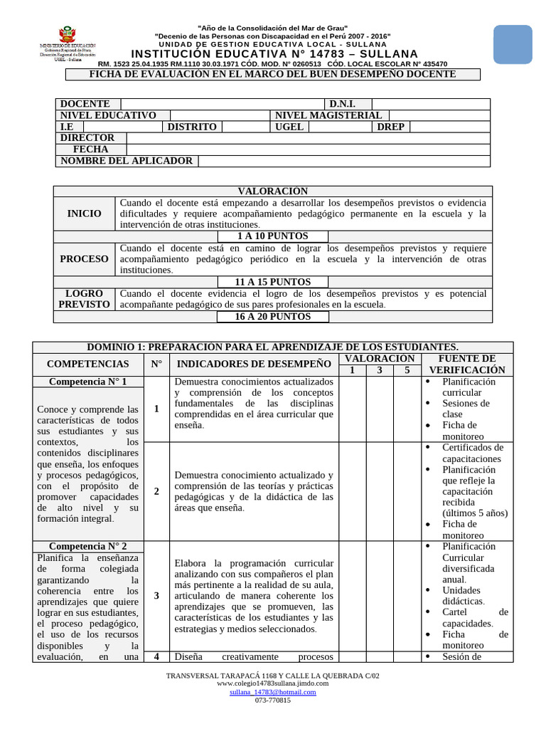 Ficha de Evaluación en El Marco Del Buen Desempeño Docente | PDF