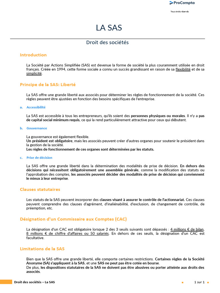 La Sas: Droit Des Sociétés | PDF