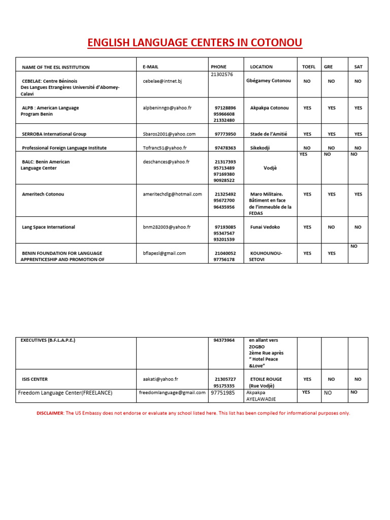 English Language Centers in Cotonou | PDF