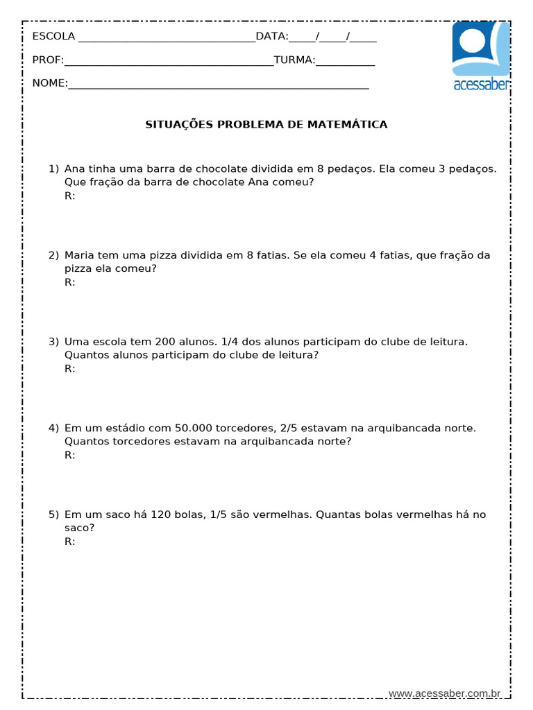 Situacao Problema Fracoes 4 e 5 Ano Modelo Editavel 3 | PDF