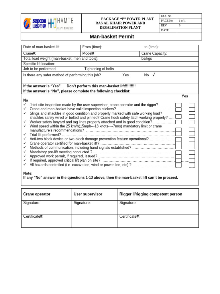 Manbasket Permit | PDF