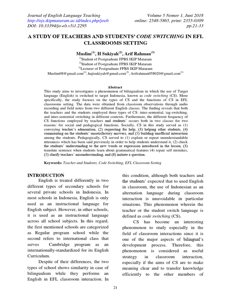 Code Switching in EFL Classrooms | PDF | English As A Second Or Foreign ...