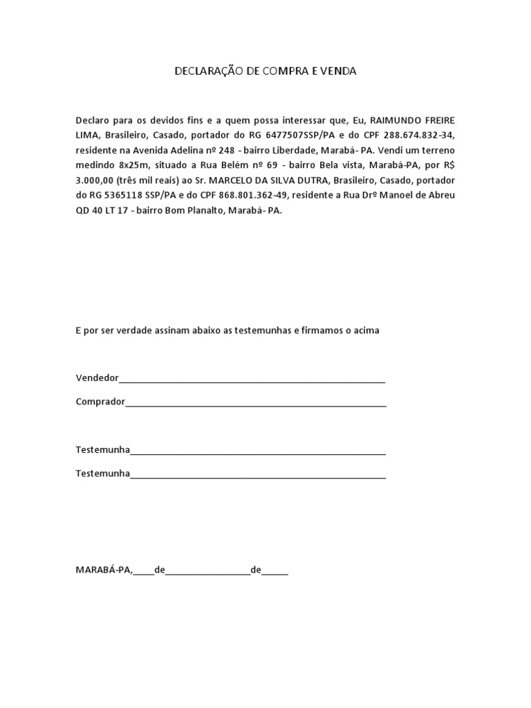 DECLARAÇÃO DE COMPRA E VENDA