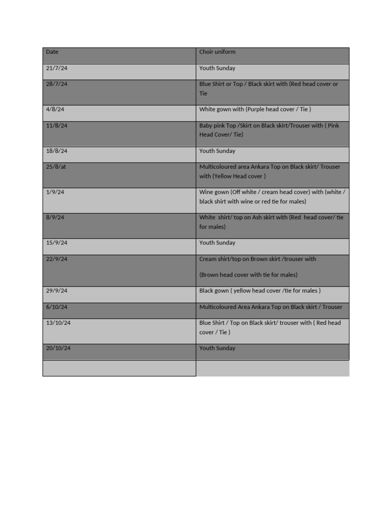 RCCG Choir Uniforms Schedule 2024 | PDF