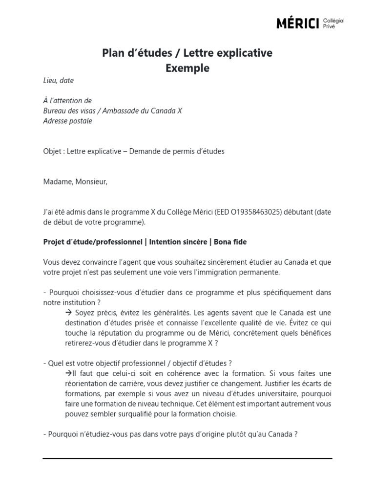Lettre Explicative - Exemple (Permis Détudes) | PDF