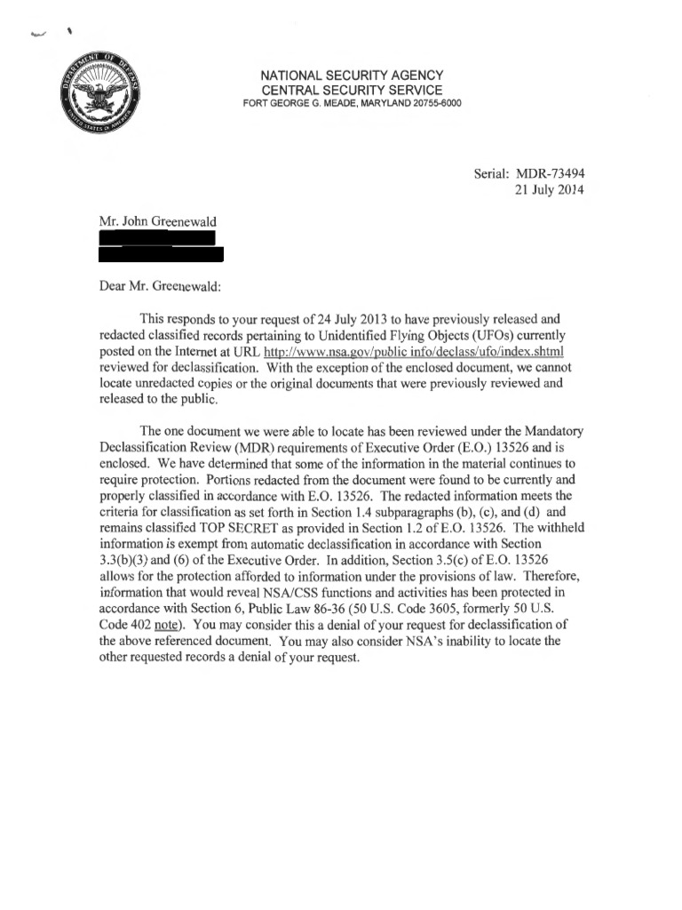 NSA UFO Declassification Request Response | PDF | National Security ...