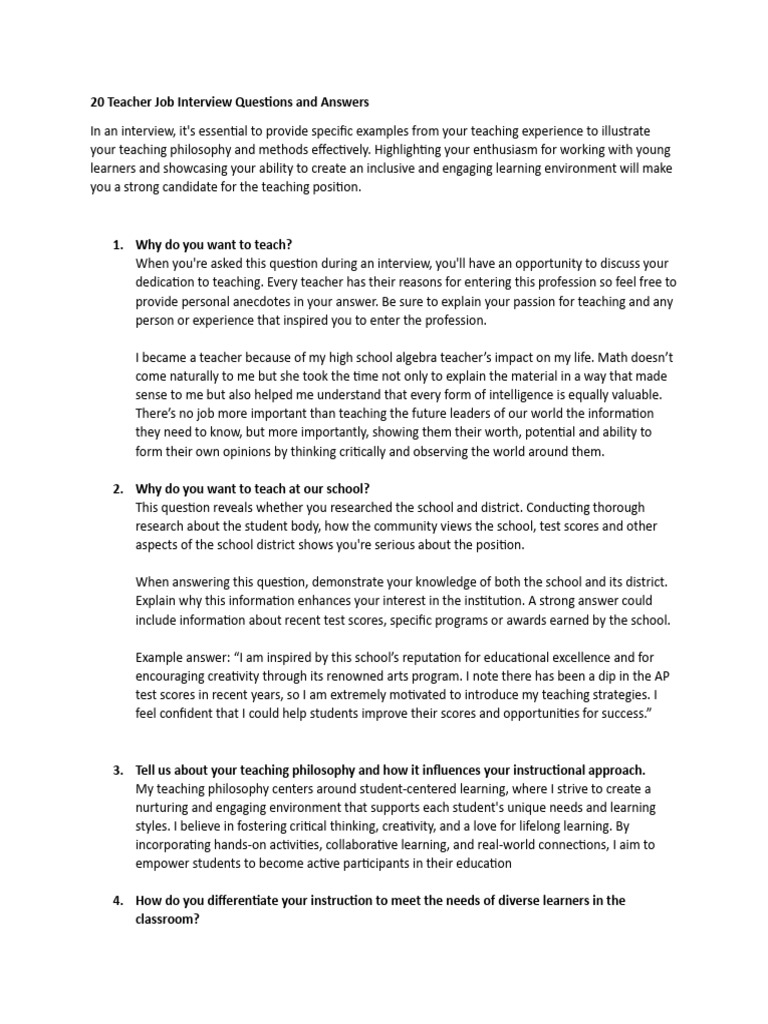Job Interview Questions And Answers For School Teachers