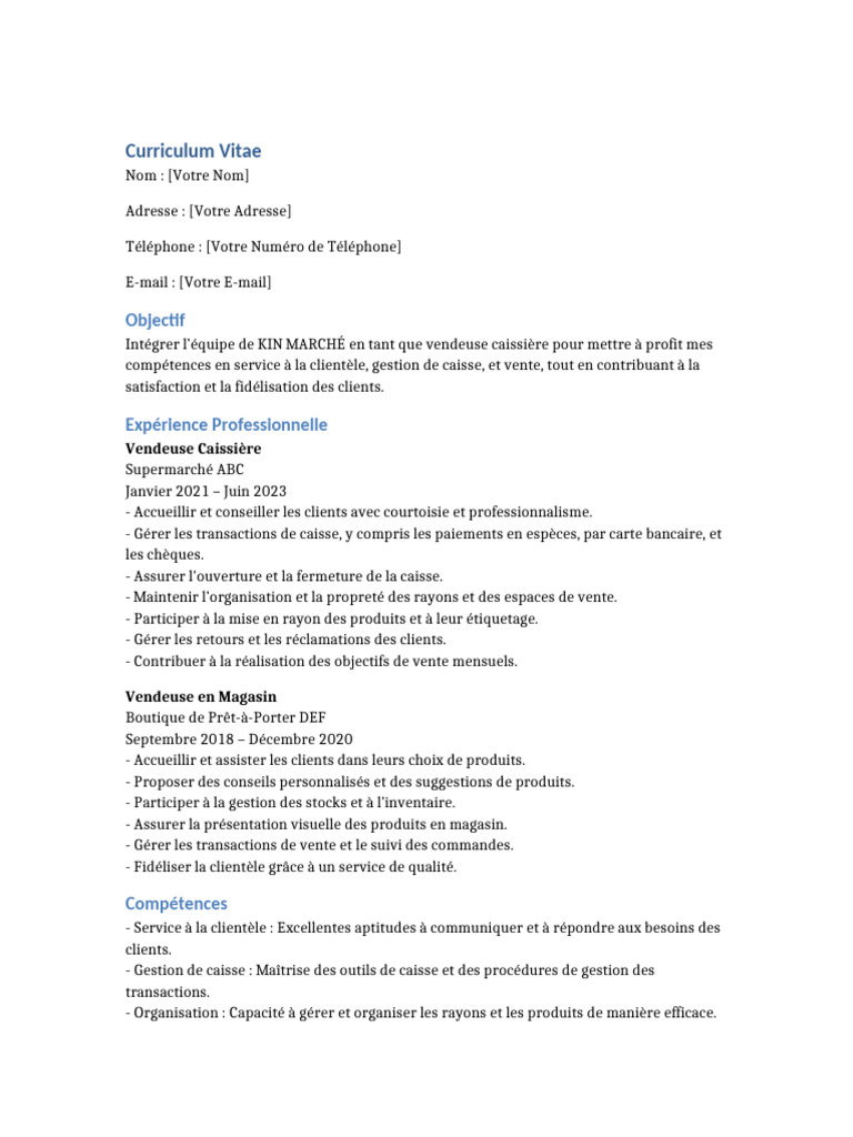 CV Vendeuse Caissiere KIN MARCHE | PDF