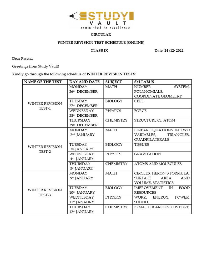 Winter Revision Test Class Ix Circular | PDF