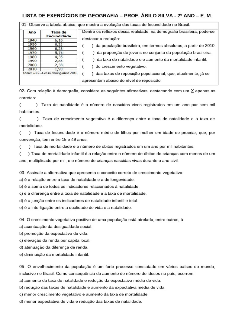 2º ANO - LISTA DE EXERCÍCIOS - ENSINO MÉDIO | PDF