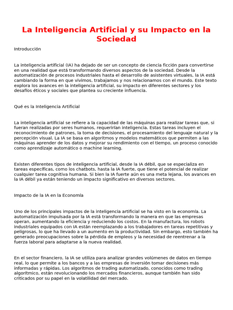 La Inteligencia Artificial y Su Impacto en La Sociedad | PDF