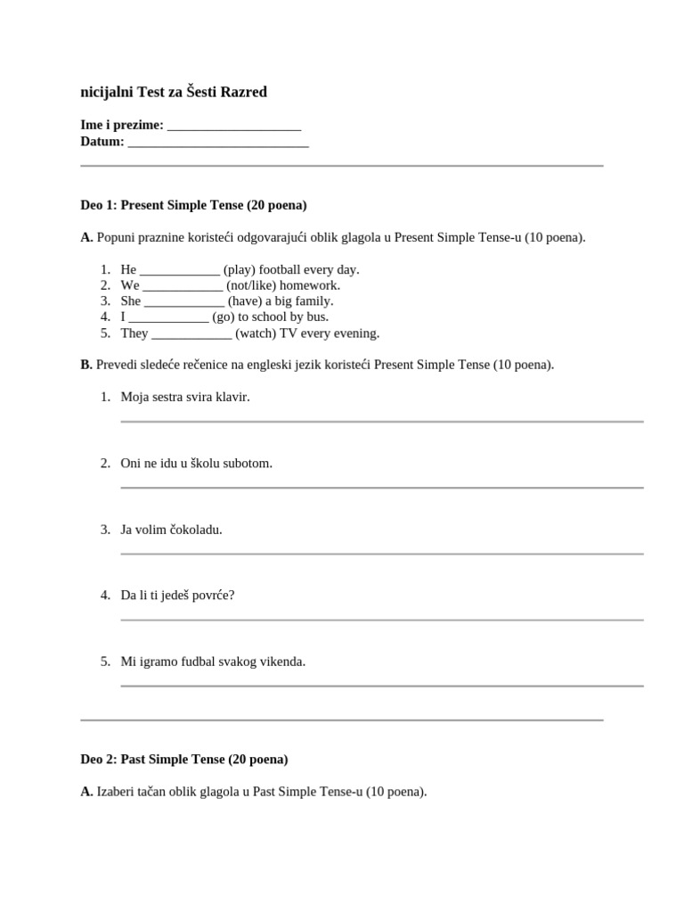 INicijalni Test Za Šesti Razred | PDF