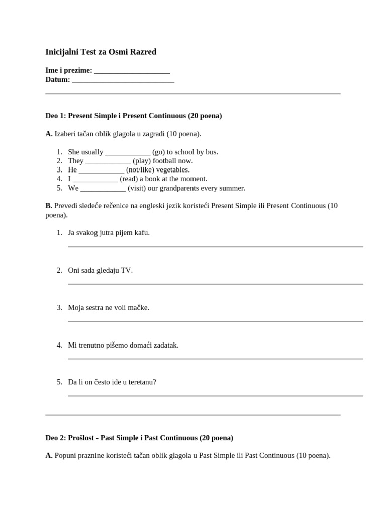 Inicijalni Test Za Osmi Razred | PDF