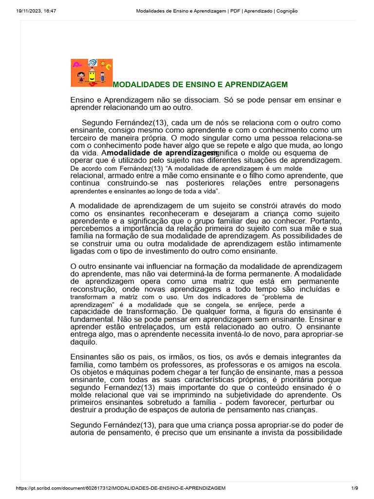 Modalidades de Ensino e Aprendizagem - PDF - Aprendizado - Cognição | PDF