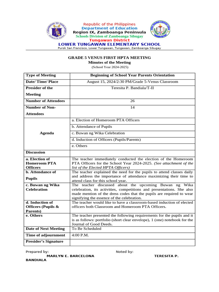 SY 2023-2024 Minutes of Meeting | PDF